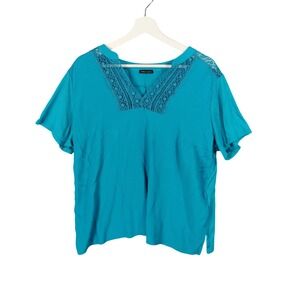FIORELLA RUBINO Women Teal Blue V-Neck Lace Trim Short Sleeve Blouse‎ Top Large